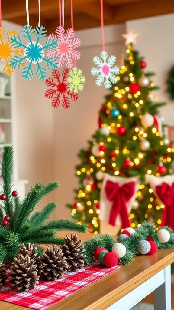 A festive display of DIY Christmas decorations including paper snowflakes, painted pinecones, and a fabric garland in a cozy holiday setting.
